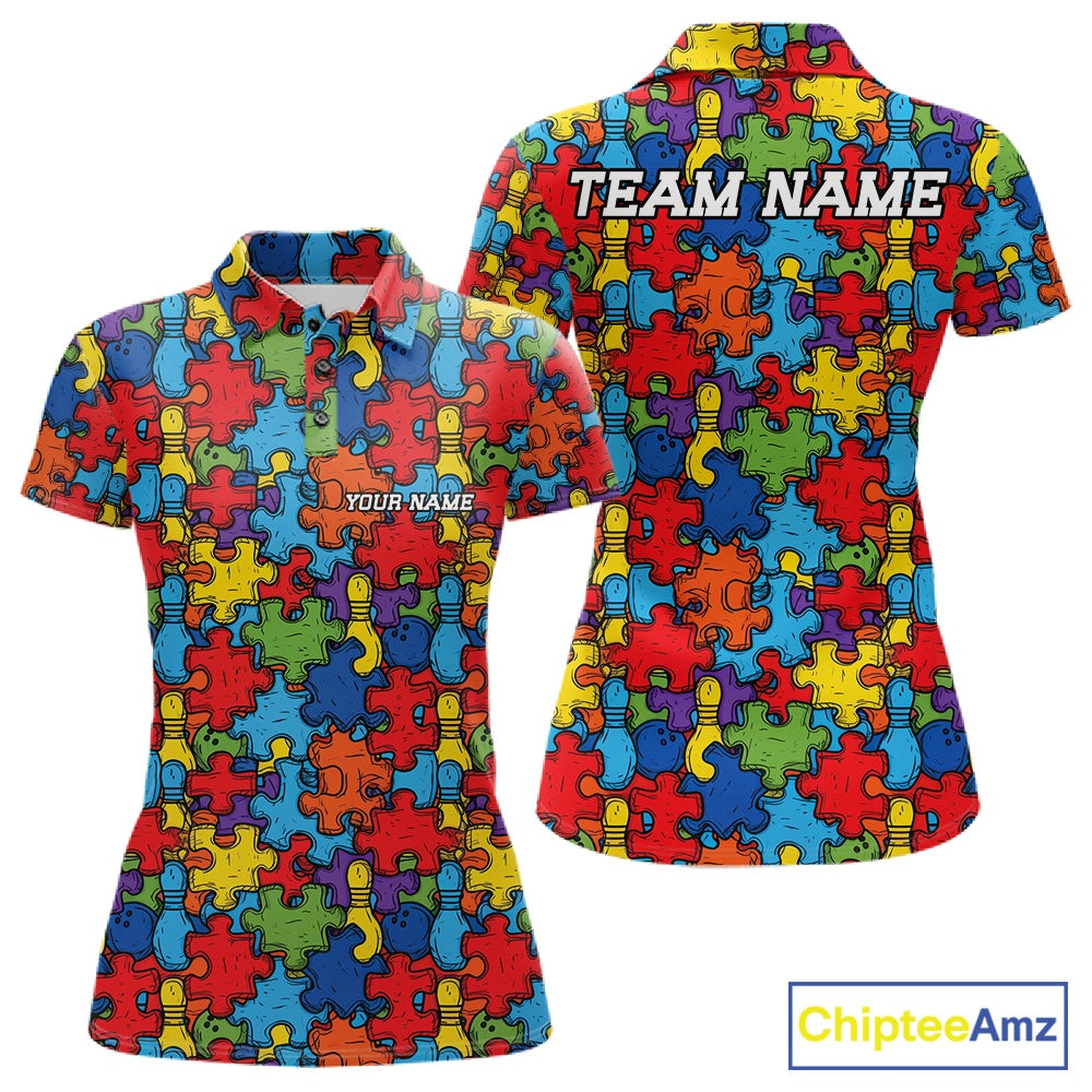 Custom Autism Awareness Bowling Women Polo Shirt, Colorful Puzzle Pieces Bowling Shirt IPHW11615