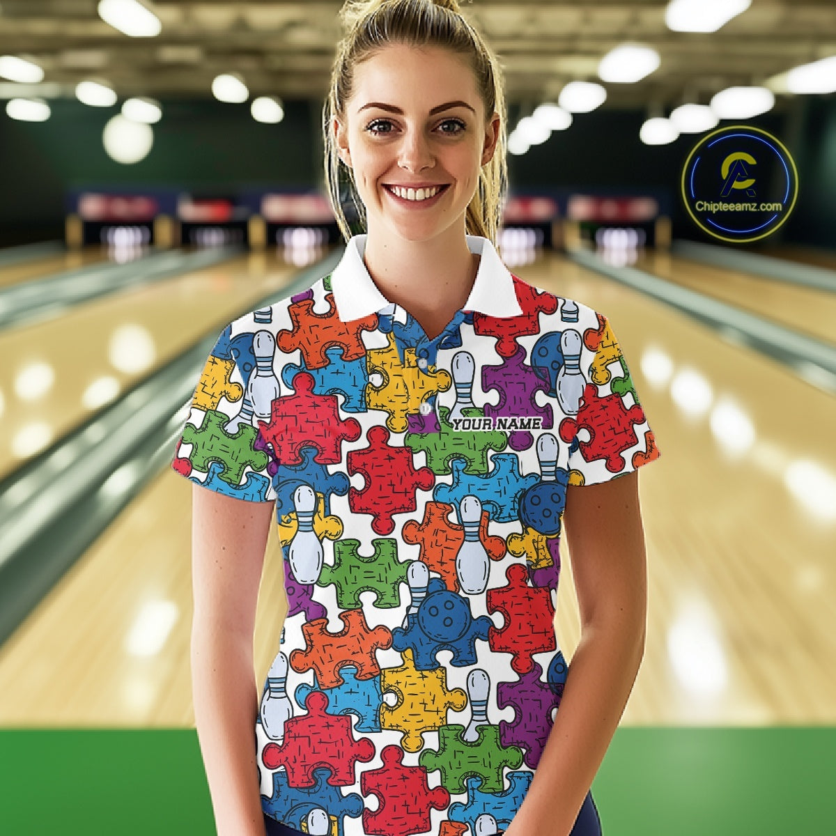 Custom Autism Awareness Bowling Women Polo Shirt, Colorful Puzzle Pieces Bowling Shirt IPHW11616