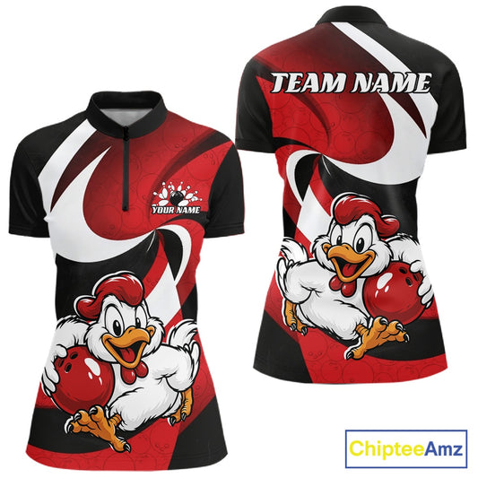 Custom Black And Red Cute Funny Chicken Bowling Jerseys Bowling Team Shirt For Women IPHW11626