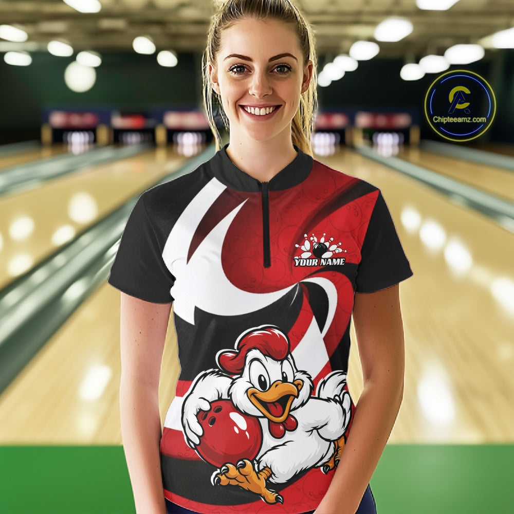 Custom Black And Red Cute Funny Chicken Bowling Jerseys Bowling Team Shirt For Women IPHW11626