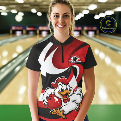 Custom Black And Red Cute Funny Chicken Bowling Jerseys Bowling Team Shirt For Women IPHW11626
