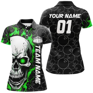 Custom Green Flame Skull Halloween Ladies Bowling Shirts With Custom Name, Team Name, Number IPHW7102