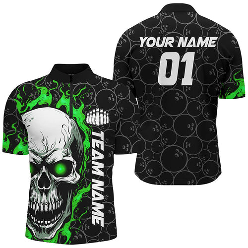 Custom Green Flame Skull Halloween Bowling Shirts For Men With Custom Name, Team Name, Number IPHW7102