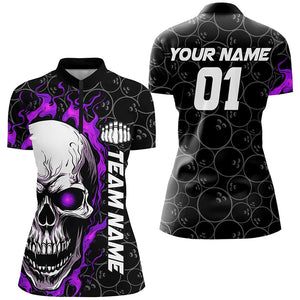 Custom Purple Flame Skull Halloween Ladies Bowling Shirt With Custom Name, Team Name, Number IPHW7104