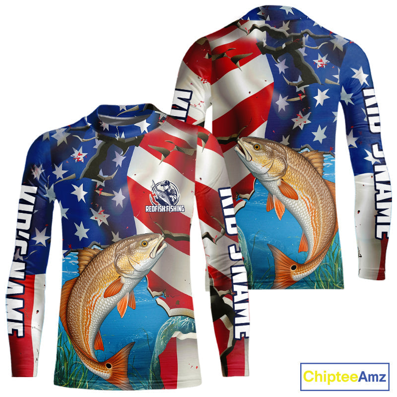 Custom American Flag Patriotic Redfish Fishing Kid Long Sleeve Fishing Shirts, Redfish Jerseys IPHW9660