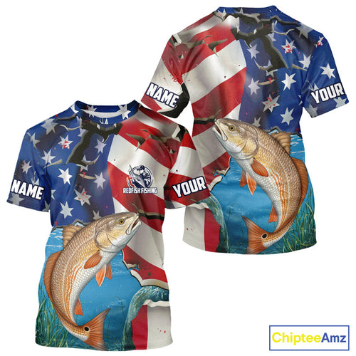 Custom American Flag Patriotic Redfish Fishing Fishing T-Shirts, Redfish Jerseys IPHW9660