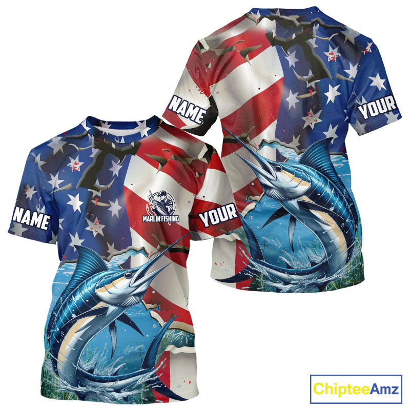 Custom American Flag Patriotic Marlin Fishing Fishing T-Shirts, Marlin Jerseys IPHW9661