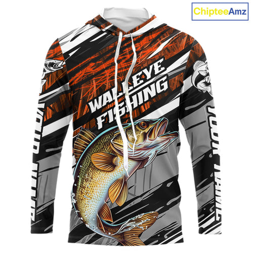 Custom Orange Grass Camo Walleye Long Sleeve Hooded Tournament Fishing Shirts, Fishing Gifts IPHW9666