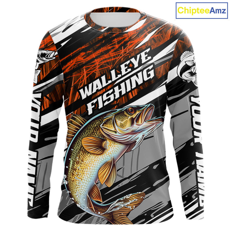 Custom Orange Grass Camo Walleye Fishing Long Sleeve Tournament Fishing Shirts, Fishing Gifts IPHW9666