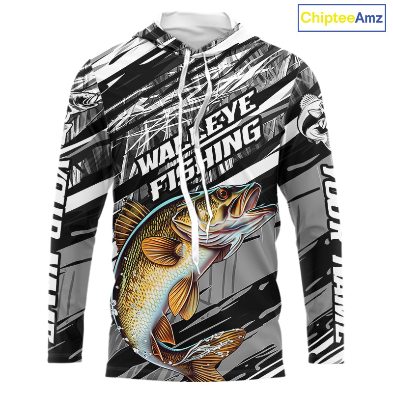Custom Gray Grass Camo Walleye Fishing Long Sleeve Hooded Tournament Fishing Shirts, Fishing Gifts IPHW9667