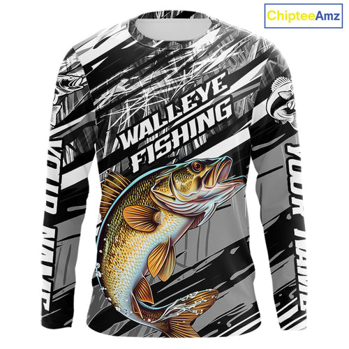 Custom Gray Grass Camo Walleye Fishing Long Sleeve Tournament Fishing Shirts, Fishing Gifts IPHW9667