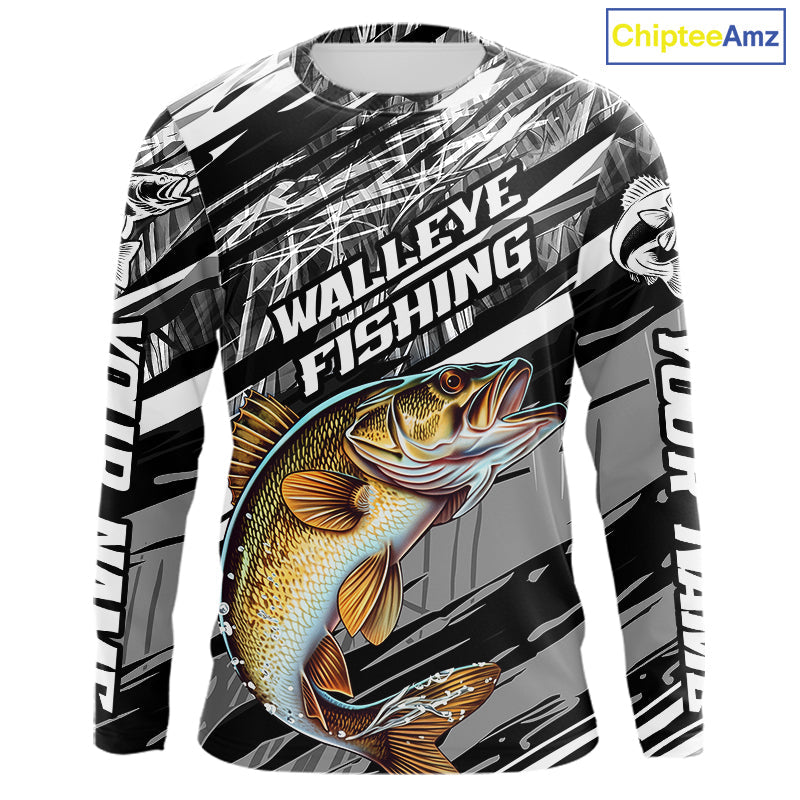 Custom Gray Grass Camo Walleye Fishing Long Sleeve Tournament Fishing Shirts, Fishing Gifts IPHW9667