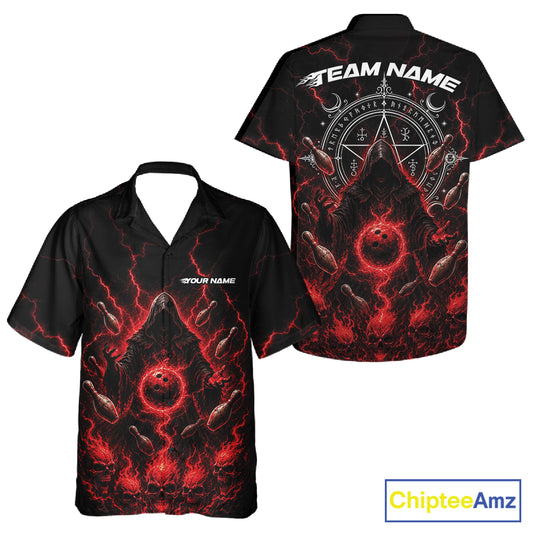 Black short-sleeve button up shirt shown from front and back, featuring a red and black grim reaper graphic with lightning, claws, and occult symbols, plus customizable text placeholders.