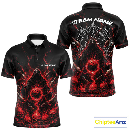Front and back views of a black short-sleeve polo shirt with a red and black demonic graphic print, featuring placeholder text 'YOUR NAME' on the front chest and 'TEAM NAME' on the back collar, shown on a white background with a ChipteeAmz logo in the bottom right corner.