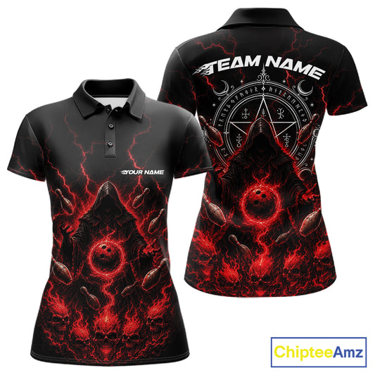 Womens black short-sleeve polo shirt shown from the front and back, featuring a dramatic red and black occult-style graphic with lightning, occult symbols, and the text 'TEAM NAME' and 'YOUR NAME'.