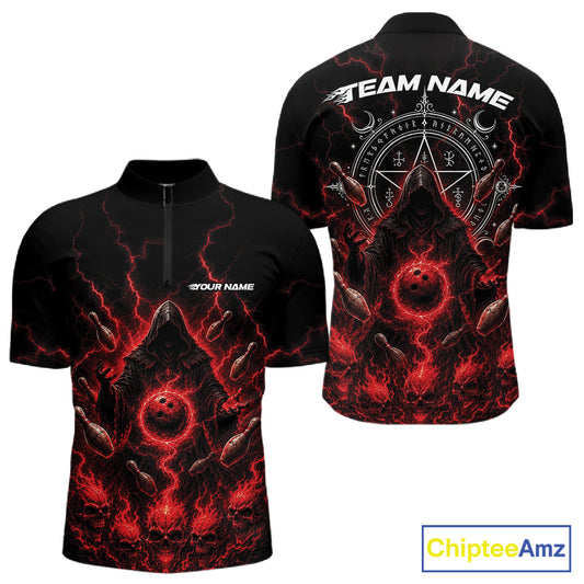 Black short-sleeve bowling jersey shown from the front and back on a white background, featuring a dramatic red and black occult-style graphic with lightning, symbols, and placeholder text including 'TEAM NAME' and 'YOUR NAME'. 