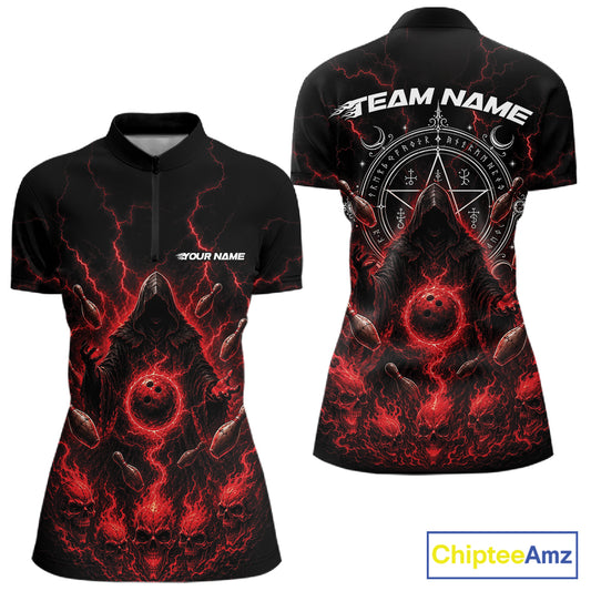 Custom Red Lightning Halloween Grim Reaper Bowling Women Shirt, Dark Magic Outfit IPHW11880
