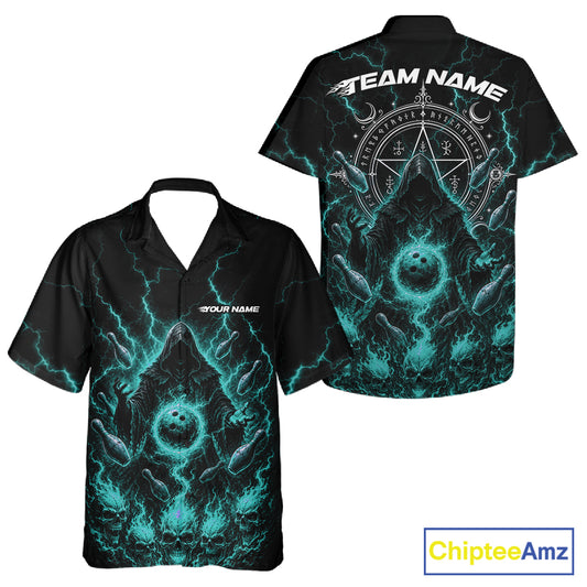 Black short-sleeve button-up shirt shown from both front and back, featuring a glowing teal and white occult-style graphic with lightning, circular symbols, and customizable text placeholders. A ChipteeAmz logo appears in the bottom right corner.