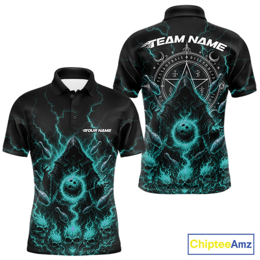 Front and back views of a black short-sleeve polo shirt with a glowing teal and white occult-themed graphic print, including lightning effects, a pentagram symbol, and customizable text placeholders. A ChipteeAmz logo is visible in the bottom right corner.