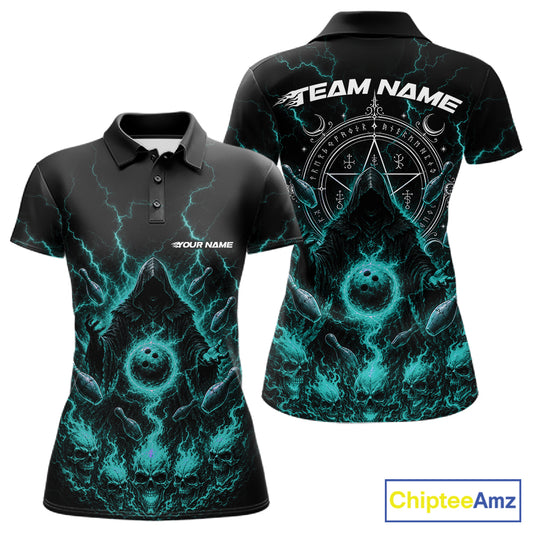 Black short sleeve polo bowling shirt shown from front and back on a white background. The shirt features a dark occult-themed graphic with teal blue flame, skulls, dark magic circle, and bowling pins, with customizable text placeholders 'YOUR NAME' on the front chest and 'TEAM NAME' on the back.