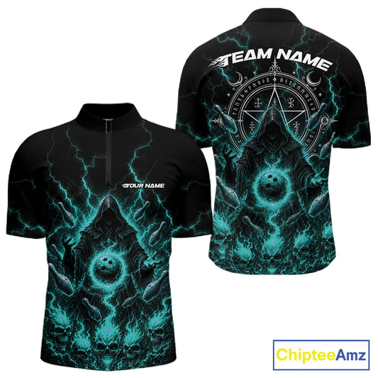 Black short-sleeve bowling jersey shown from the front and back on a white background, featuring a glowing teal lightning and skull graphic, with customizable text areas reading TEAM NAME and YOUR NAME.