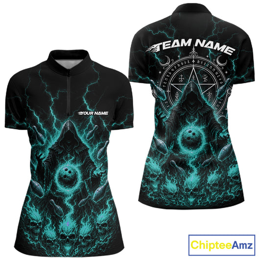 Custom Blue Lightning Halloween Grim Reaper Bowling Women Shirt, Dark Magic Outfit IPHW11881