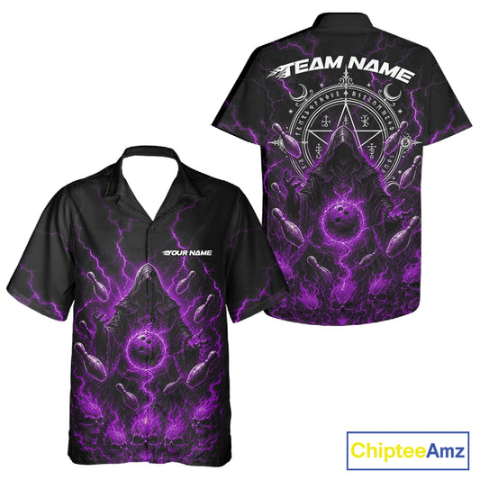 Black short-sleeve button up bowlin shirt shown from front and back, featuring a purple and black grim reaper design with lightning effects, a pentagram symbol, and customizable text placeholders. 