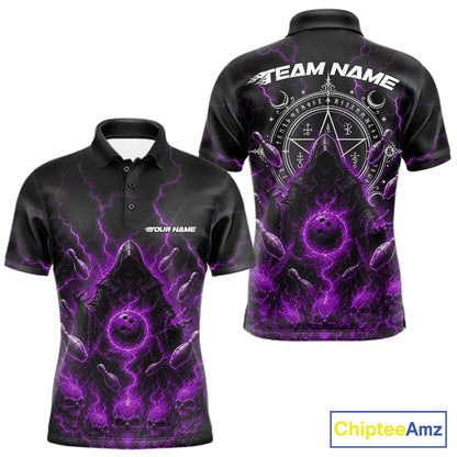 Custom Purple Lightning Halloween Grim Reaper Bowling Men Polo Shirt, Dark Magic Outfit IPHW11882