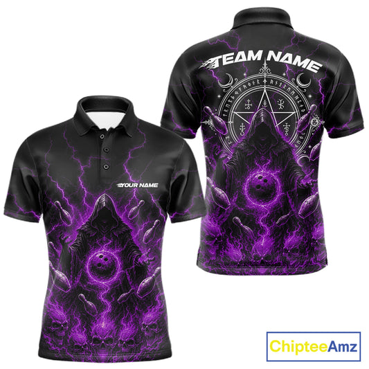 Front and back views of a black short-sleeve polo shirt with a vivid purple and gray occult-themed graphic print featuring lightning, a pentagram, and placeholder text 'YOUR NAME' and 'TEAM NAME'.