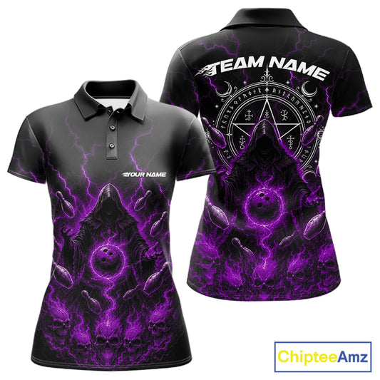 Black short-sleeve polo shirt shown from front and back with a vivid purple and black occult-style graphic featuring lightning, a pentagram, moon symbols, and placeholder text 'YOUR NAME' and 'TEAM NAME'. A ChipteeAmz logo appears in the bottom right corner.