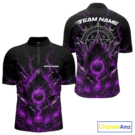 Front and back views of a black short-sleeve bowling jersey featuring a purple and white gothic fantasy graphic with lightning, skulls, and occult symbols. The front has a mock neck and a small 'YOUR NAME' print, while the back features a large circular pentagram design and 'TEAM NAME' text.