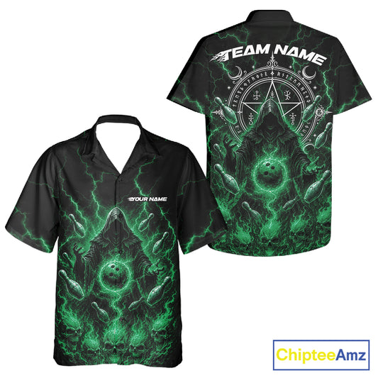 Black short-sleeve button up shirt shown from front and back, featuring a green and black grim reaper graphic with lightning effects, fish illustrations, and customizable text placeholders. 