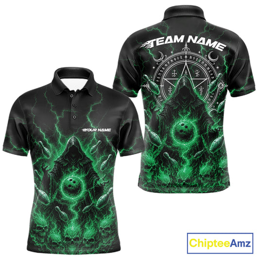 Black short-sleeve polo shirt shown from the front and back, featuring a glowing green and white occult-themed graphic with lightning effects, a pentagram symbol, and customizable text placeholders.