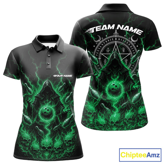 Front and back views of a women's short-sleeve polo shirt on a white background. The shirt has a black base with a vivid green and gray fantasy graphic featuring lightning, a skull, and occult symbols.