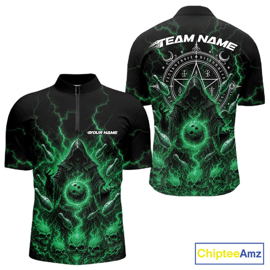 Black short-sleeve quarter zip bowling jersey shown from the front and back, featuring a green and black occult-themed graphic with lightning, skulls, and a pentagram. The front has a quarter-zip collar and 'YOUR NAME' text, while the back has 'TEAM NAME' and a circular mystical design.