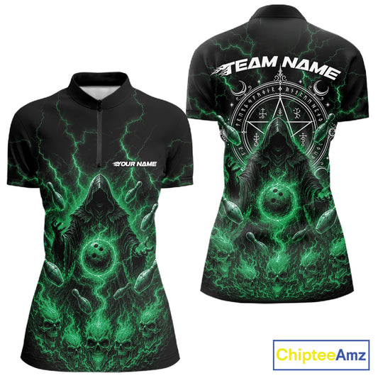 Custom Green Lightning Halloween Grim Reaper Bowling Women Shirt, Dark Magic Outfit IPHW11883