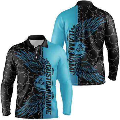 Black And Teal Blue Custom Bowling Ball And Wings Bowling Shirts For Men, Bowling Team Uniform IPHW7929