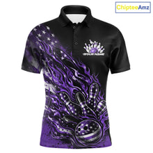 Load image into Gallery viewer, Custom Patriotic Purple Flame Bowling Shirts, US Flag Bowling Team Jerseys Freedom 4Th Of July Bowling Shirt IPHW10434
