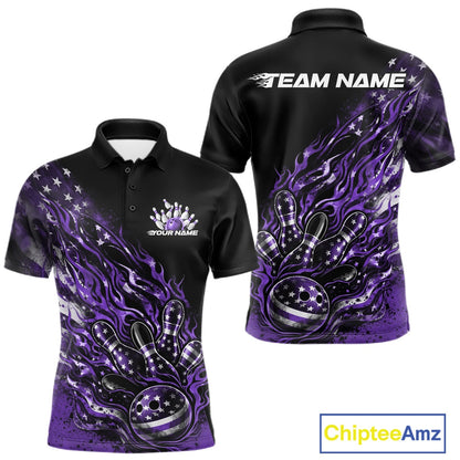 Custom Patriotic Purple Flame Bowling Shirts, US Flag Bowling Team Jerseys Freedom 4Th Of July Bowling Shirt IPHW10434