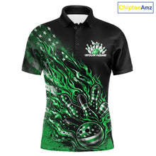 Load image into Gallery viewer, Custom Patriotic Green Flame Bowling Shirts, US Flag Bowling Team Jerseys Freedom 4Th Of July Bowling Shirt IPHW10435