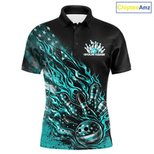 Load image into Gallery viewer, Custom Patriotic Turquoise Blue Flame Bowling Shirts, US Flag Bowling Team Jerseys Freedom Bowling Shirt IPHW10436