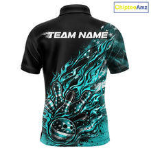Load image into Gallery viewer, Custom Patriotic Turquoise Blue Flame Bowling Shirts, US Flag Bowling Team Jerseys Freedom Bowling Shirt IPHW10436
