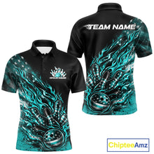 Load image into Gallery viewer, Custom Patriotic Turquoise Blue Flame Bowling Shirts, US Flag Bowling Team Jerseys Freedom Bowling Shirt IPHW10436