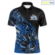 Load image into Gallery viewer, Custom Patriotic Blue Flame Bowling Shirts, US Flag Bowling Team Jerseys Freedom 4Th Of July Bowling Shirt IPHW10437
