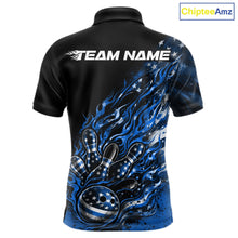 Load image into Gallery viewer, Custom Patriotic Blue Flame Bowling Shirts, US Flag Bowling Team Jerseys Freedom 4Th Of July Bowling Shirt IPHW10437