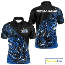 Load image into Gallery viewer, Custom Patriotic Blue Flame Bowling Shirts, US Flag Bowling Team Jerseys Freedom 4Th Of July Bowling Shirt IPHW10437