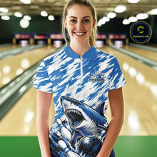 Load image into Gallery viewer, Person wearing a blue and white bowling shirt with shark design in a bowling alley.