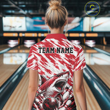 Load image into Gallery viewer, Person wearing a red and white shirt with a shark design and 'TEAM NAME' text in a bowling alley.