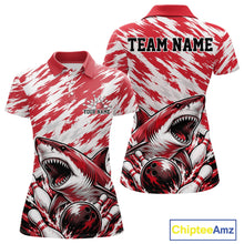 Load image into Gallery viewer, Red and white polo shirt with shark design and customizable text, featuring Chiptee Amz branding.