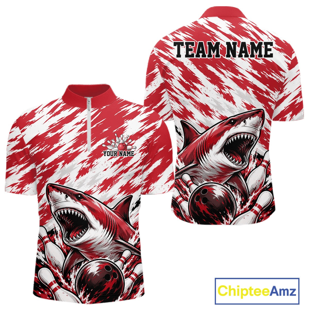 Red and white shark-themed shirt with customizable text on a white background